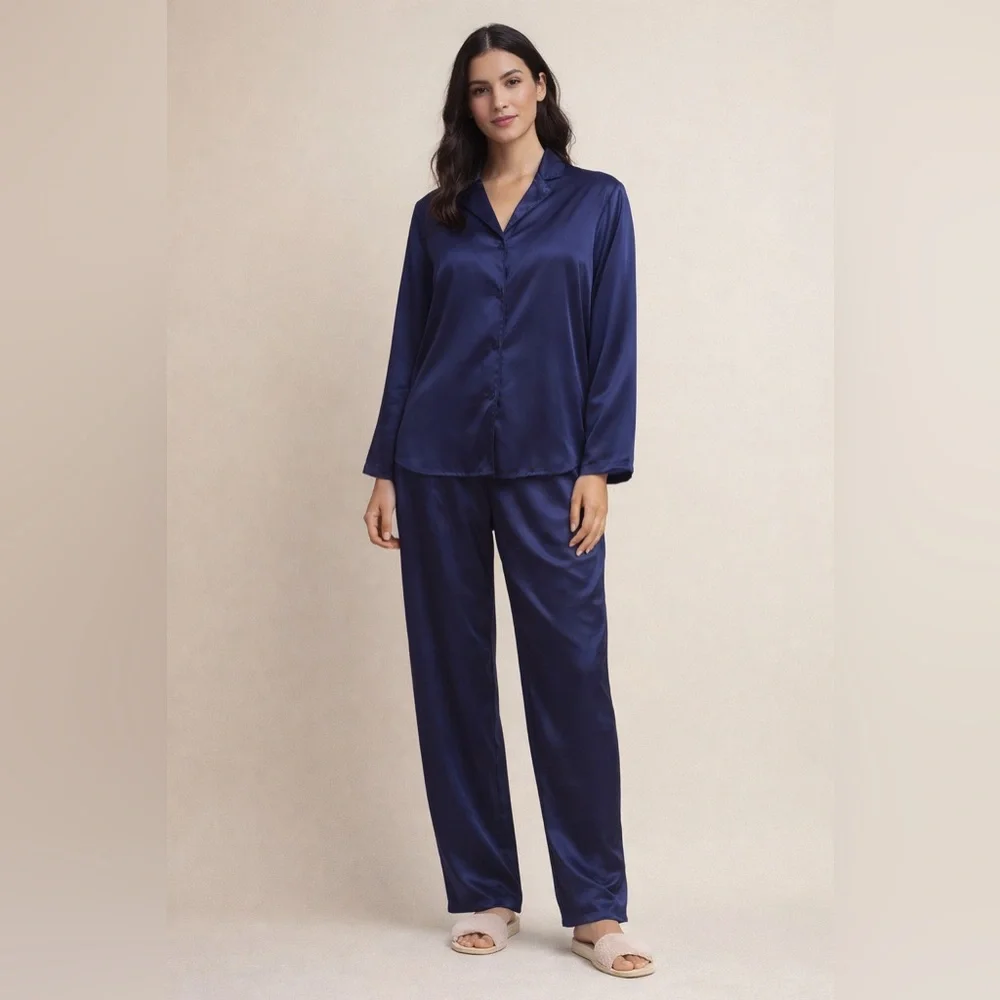 Navy Blue Satin 2-pc Pajama Set | Long Sleeve Top & Full-Length Pants 1X